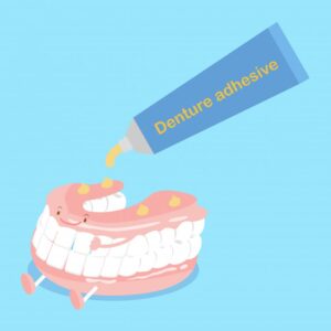 Animated rendering of denture adhesive being applied to denture. 